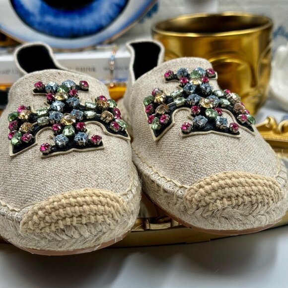 🆕 TORY BURCH 🧿 NWOT Ines Linen & Leather Bejewelled Espadrilles - Size 8 - Picture 10 of 10